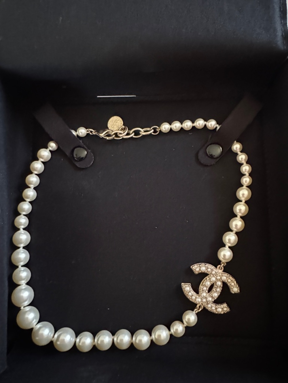 CHANEL Ivory Pearl Necklace with Crystal Double C Pendant - Ivory/Gold